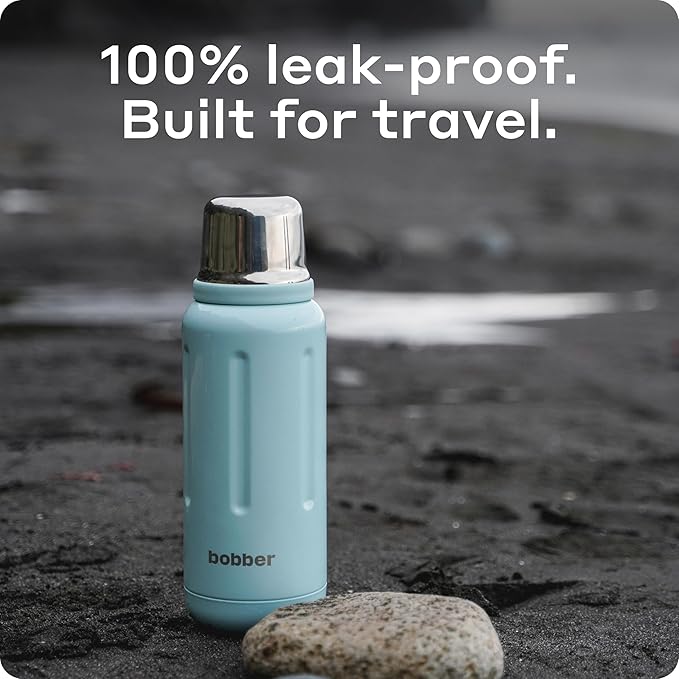 BOBBER 34 oz Stainless Steel Travel Thermos for Hot and Cold Drinks – Dishwasher Safe Metal Water Bottle with Cup Lid – Keeps Hot for 48 Hours – BPA-Free, Vacuum Insulated (Light Blue)