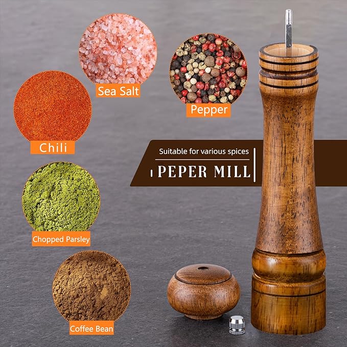 10 inch Wooden Pepper Grinder Adjustable Coarseness Wooden Peppermill or Salt Mill with Adjustable Ceramic Rotor and Easily