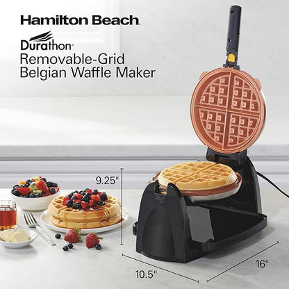 Hamilton Beach Belgian Waffle Maker with Removable PFAS-Free Durathon Nonstick Coated Plates, Easy Flip, Ceramic Grids, Black (26031)