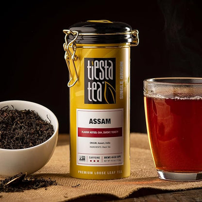 Tiesta Tea - Assam Black Tea, Loose Leaf, Single Origin Premium Black from India, High Caffeinated, Make Hot or Iced & Brews Up to 50 Cups, Pure Unblended, 4oz Refillable Tin