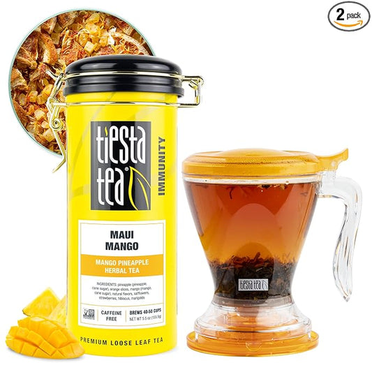 Tiesta Tea - Maui Mango Tin & Infuser Starter Set, Loose Leaf, Premium Herbal Blend, Non-Caffeinated Hot & Iced, 6oz Refillable Tin and 16oz Brewmaster Coffee Bottom Dispensing Tea Infuser