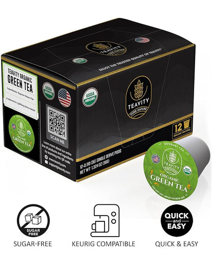 Organic Green Tea Pods for Keurig - Unsweetened Green Tea for K Cup Machines by Teavity (24 Tea Pods)