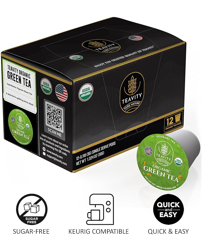 Organic Green Tea Pods for Keurig - Unsweetened Green Tea for K Cup Machines by Teavity (12 Tea Pods)