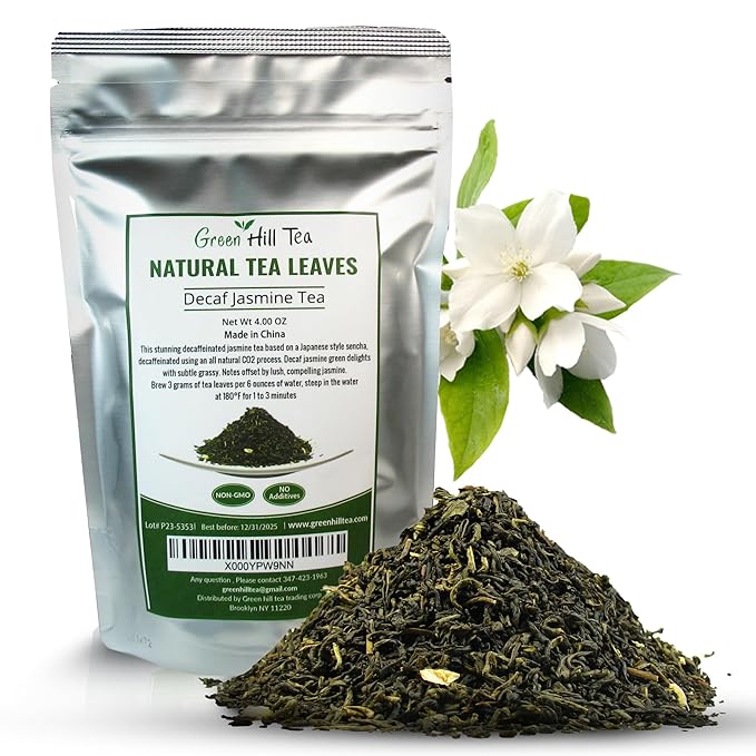 Greenhilltea Decaf Jasmine Green Tea, Green Tea Perfect beverage who wish for Caffeine-Free Tea - 4 Oz Bag