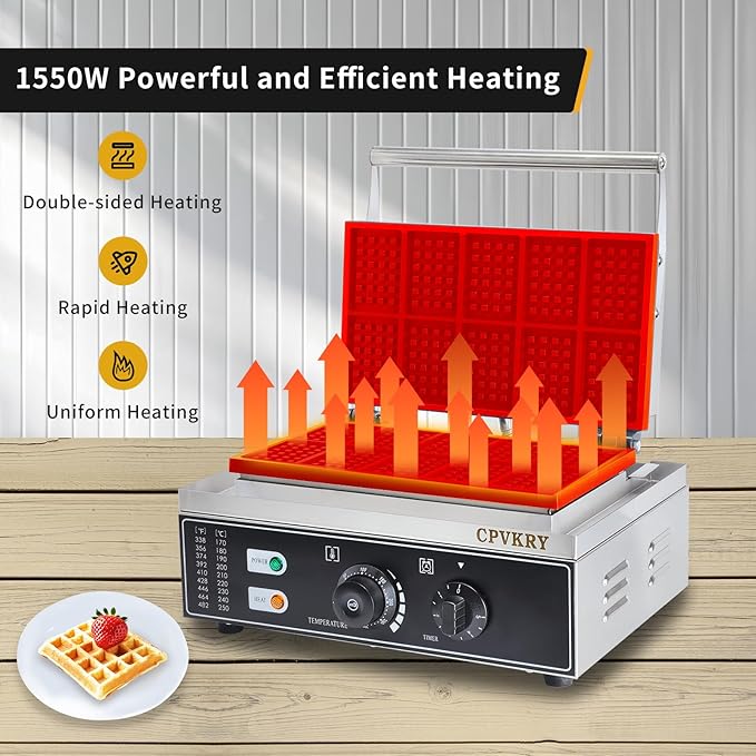 Commercial Rectangle Waffle Maker, 10pcs Waffle Iron, Non-Stick Industrial Belgian Waffle Maker Stainless Steel 110V Temp and Time Control, Suitable for Restaurant Bakeries Snack Bar Family