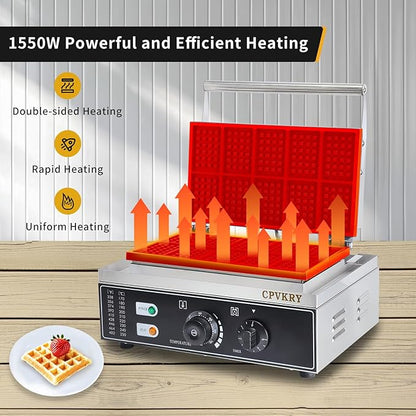 Commercial Rectangle Waffle Maker, 10pcs Waffle Iron, Non-Stick Industrial Belgian Waffle Maker Stainless Steel 110V Temp and Time Control, Suitable for Restaurant Bakeries Snack Bar Family