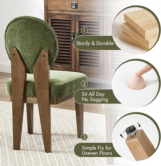 Mid-Century Modern Walnut Dining Chairs Set of 2, Vintage Green Wooden Kitchen Chairs, Retro Upholstered Velvet Cushioned Seat with Curved Backrest, Armless Accent Side Chair for Bedroom