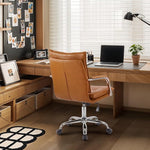Load image into Gallery viewer, Mid-Back Ergonomic Leather Office Chair, Modern Upholstered Executive Desk Chair with Gold Frame Armrest Computer Task Chair (Camel &amp;Silver Legs)