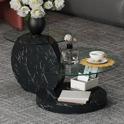 35 Inch Glass Coffee Table，Round Coffee Table with 2-Tier Tempered Glass Tabletop，Easy to Clean Circle Coffee Table with Sturdy Base for Living Room，Office (Black Marble Colored Base