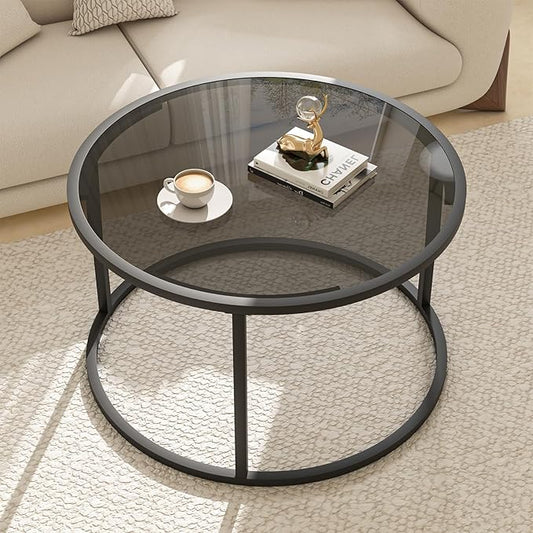 Glass Coffee Table Modern Center Table,Minimalist Round Coffee Tea Table,Tempered Glass-top with Sturdy Metal Frame for Living Room Bedroom Office and Small Space, 27 x 27 x 17 Inch,Gray Black