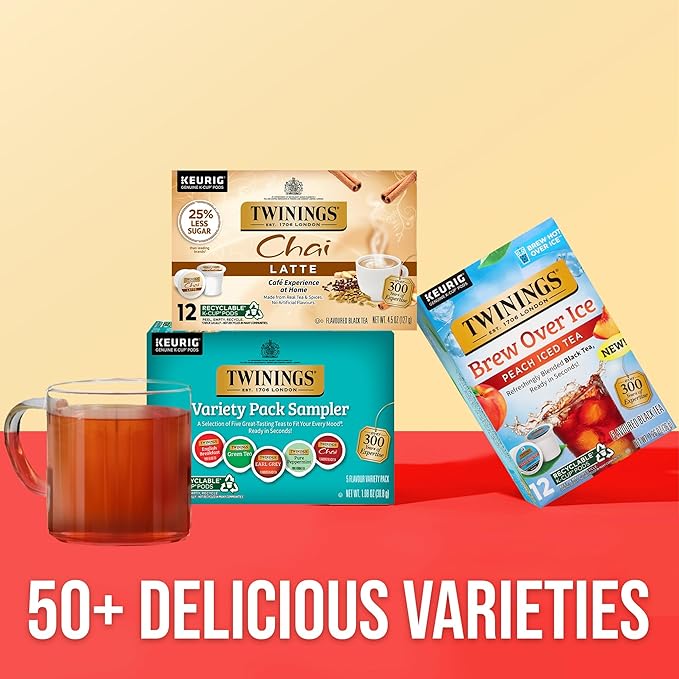 Twinings K-Cup Pods Variety Pack, Includes English Breakfast, Earl Grey, Chai, Green, and Peppermint for Keurig and Single Cup Brewers, 10 Count (Pack of 1), Enjoy Hot or Iced