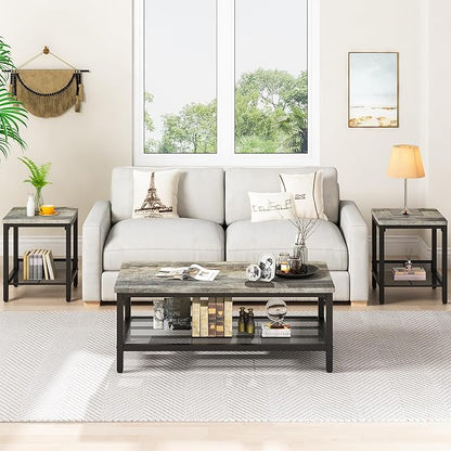 AWQM Coffee Table Set of 3, Industrial Coffee Table with 2 Square End Side Tables, Modern Living Room Table Set with Metal Frame for Apartment Home Office, Grey