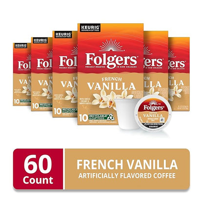 Folgers French Vanilla Artificially Flavored Coffee, Keurig K-Cup pods, 10 Count Box (Pack of 6)