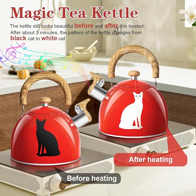 ARC Stainless Steel Red Whistling Tea Kettle, Magic Color Changing Design 2-Quart Stovetop Kettle Whistle Teapot with Folding Cup & Trivet Mat