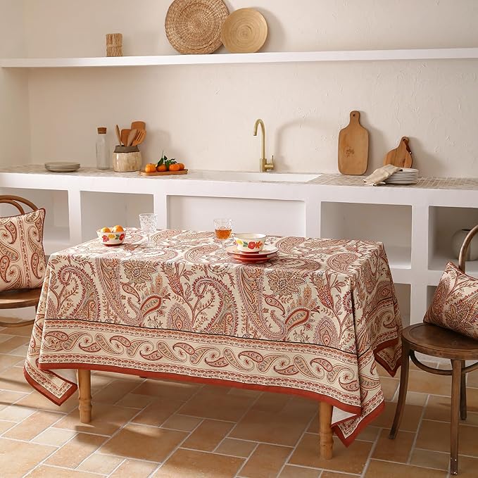 Designer French Red Extra Long Tablecloth Rectangle,Linen Table Cloth with Cashew Pattern,Stain Proof Decor Tablecloths for Dining Thanksgiving Kitchen Christmas,63"*110"-Chauffrey D