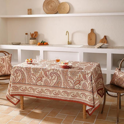 Designer French Red Extra Long Tablecloth Rectangle,Linen Table Cloth with Cashew Pattern,Stain Proof Decor Tablecloths for Dining Thanksgiving Kitchen Christmas,63"*110"-Chauffrey D