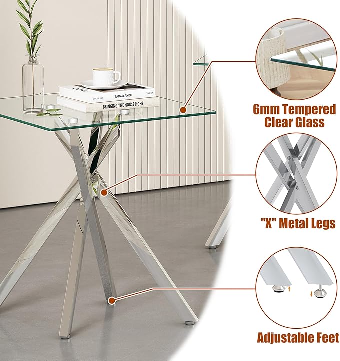 Silver Glass Coffee Table Set of 3 Modern End Table Living Room Side Table, Geometric Metal Legs 39.4 Inch Clear Rectangle Center Cocktail Tables, Chrome Silver