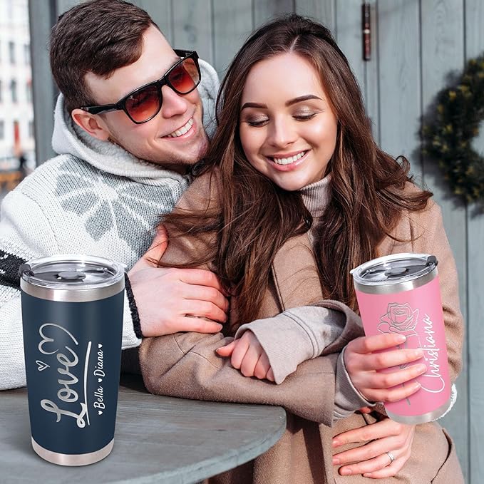 Made in USA - Personalized Tumbler with Engraved Name - Custom Coffee Mug Cup 20 Oz with Lid - Customized Valentines Day Gifts - Gifts for Boyfriend Girlfriend Husband Wife