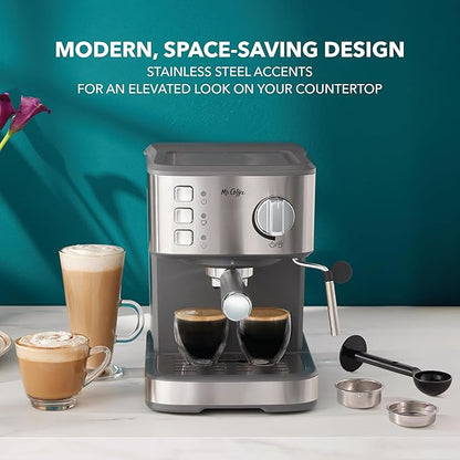 Mr. Coffee Compact Espresso Maker, Espresso Machine With Steam Wand, 15-Bar Pump Automatic Espresso Machine