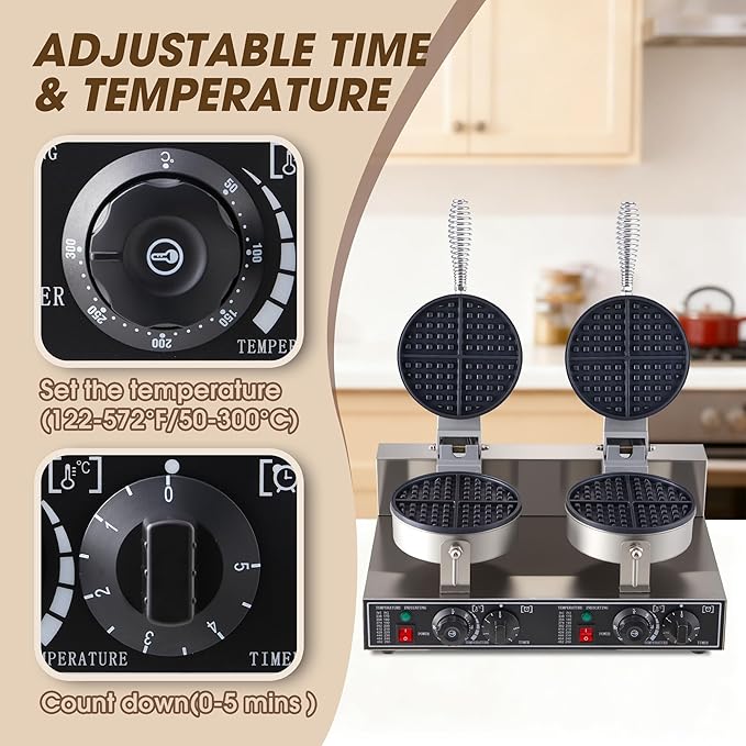 Commercial Waffle Maker, 2400W Waffle Iron, Professional Rotatable Waffle Baker Machine with Temp and Time Control, Non-Stick Baking Pan Stainless Steel for Restaurant Bakeries Kitchen Home