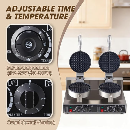Commercial Waffle Maker, 2400W Waffle Iron, Professional Rotatable Waffle Baker Machine with Temp and Time Control, Non-Stick Baking Pan Stainless Steel for Restaurant Bakeries Kitchen Home