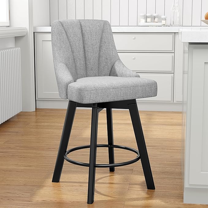 Swivel Bar Stools with Backs, 24" Counter Height Bar Stools, Fabric Upholstered Counter Barstools with Solid Wood Legs for Kitchen Island, Home Bar, Light Gray