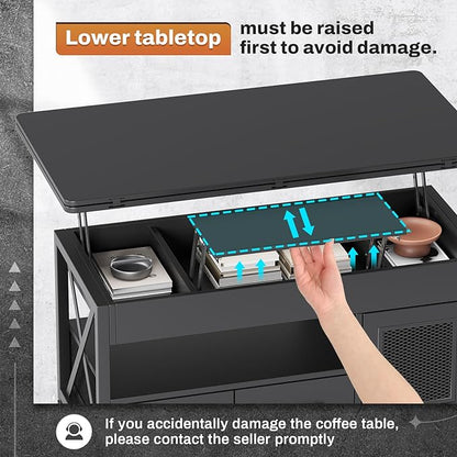 Itaar 40" Lift Top Coffee Table, 4 in 1 Coffee Tables with Storage Cabinet for Living Room, Small Farmhouse Coffee Table with 2 Fabric Drawers & LED Light for Dining Room, Black