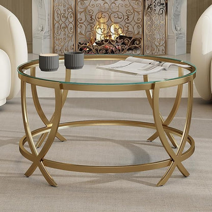 ASYA Round Coffee Table for Living Room, Gold Coffee Table with Tempered Glass & Metal Frame, Modern Glass Living Table for Home&Office