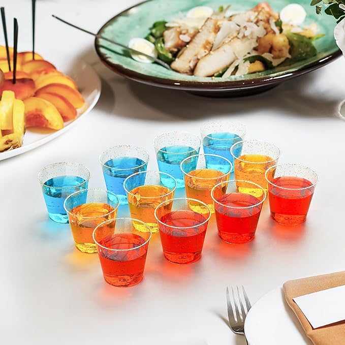 [1000 Pack 1oz Shot Glasses Disposable Cups, Gold Glitter Plastic Shot Glasses for Sauces & Dips, Shot Cups Ideal for Tequila, Whiskey, Wine Tasting, Vodka & Liquor