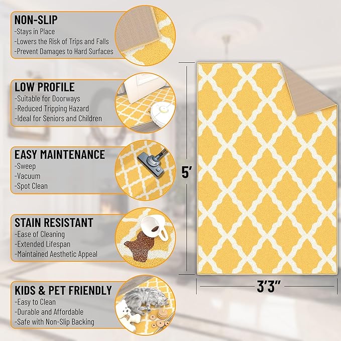 Ottomanson 3'3" x 5' Rugs for Living Room Trellis Area Rug for Bedroom - Non Slip Durable Large Floor Carpet for High Traffic Areas - Indoor Rug for Dining Room Kitchen Kids Playroom, Yellow