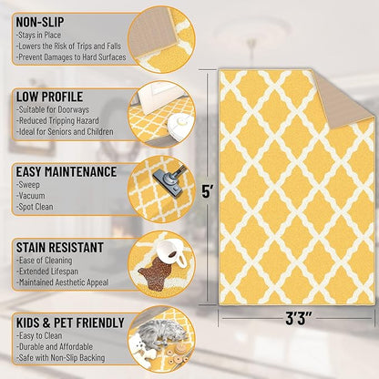 Ottomanson 3'3" x 5' Rugs for Living Room Trellis Area Rug for Bedroom - Non Slip Durable Large Floor Carpet for High Traffic Areas - Indoor Rug for Dining Room Kitchen Kids Playroom, Yellow