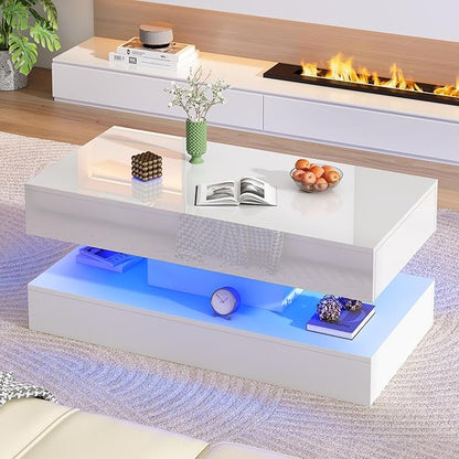 Uspeedy 39.37in Large High Glossy LED Coffee Table with 2 Storage Drawers,Black/White Modern Coffee Tables for Living Room,Living Room Tables,APP LED Lights (White)