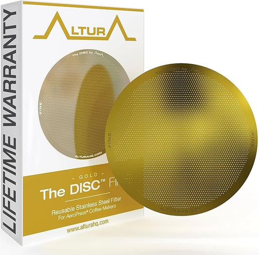 ALTURA The DISC FINE Stainless Steel Filter for AeroPress Coffee Makers – Reusable Metal Filter Replacement for Rich Flavor, Travel, and Eco-Friendly Brewing (Limited Edition GOLD)