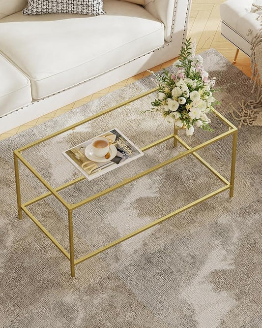Glass Coffee Table, Modern Rectangular Coffee Table for Living Room, Minimalist Center Tea Table with Sturdy Metal Frame for Apartment, Office, Easy Assembly, 39.4 x 19.7 x 17.7 Inches, Golden