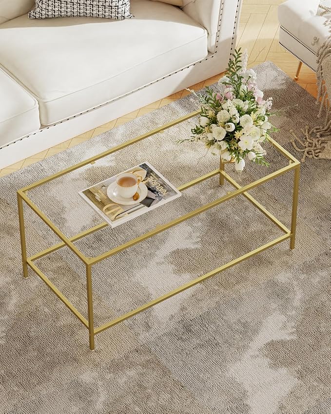 Glass Coffee Table, Modern Rectangular Coffee Table for Living Room, Minimalist Center Tea Table with Sturdy Metal Frame for Apartment, Office, Easy Assembly, 39.4 x 19.7 x 17.7 Inches, Golden