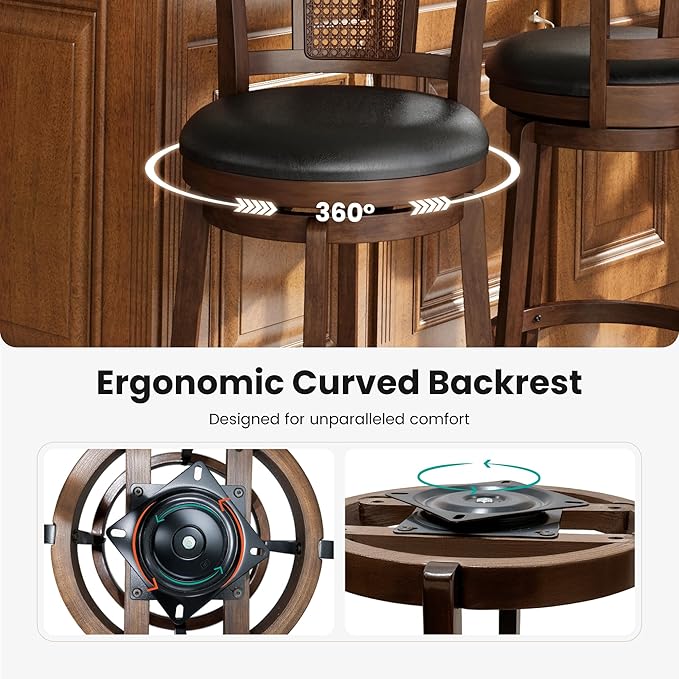 PHI VILLA 30 inch Bar Height Stools Set of 2,Swivel Wooden Barstools Tall Upholstered Faux Leather Barstool with Back,Vintage Bar Height Chairs,Kitchen Stools