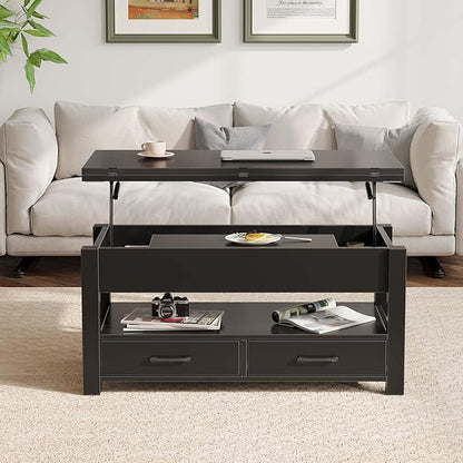 Rolanstar Coffee Table Lift Top, Multi-Function Convertible Coffee Table with Drawers and Hidden Compartment, Converts to Dining Table for Living Room, Home Office,Black