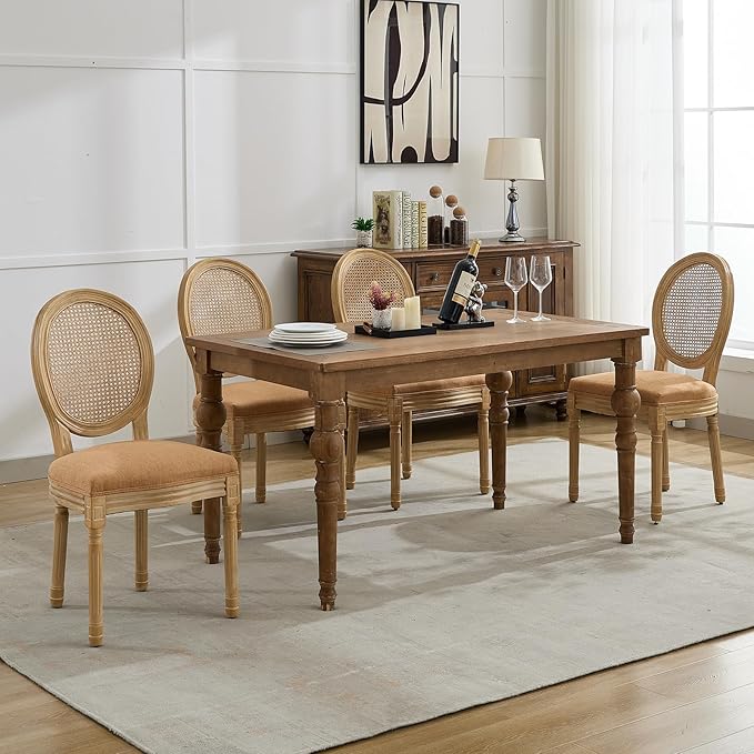 Vintage French Country Dining Chairs Set of 4, Rattan Dining Chairs with Solid Wood Legs, Ten 4 Dining Chair Set, Sillas para Comedor, Kitchen & Dining Room Chair (Amber, Rattan, 4Pcs)