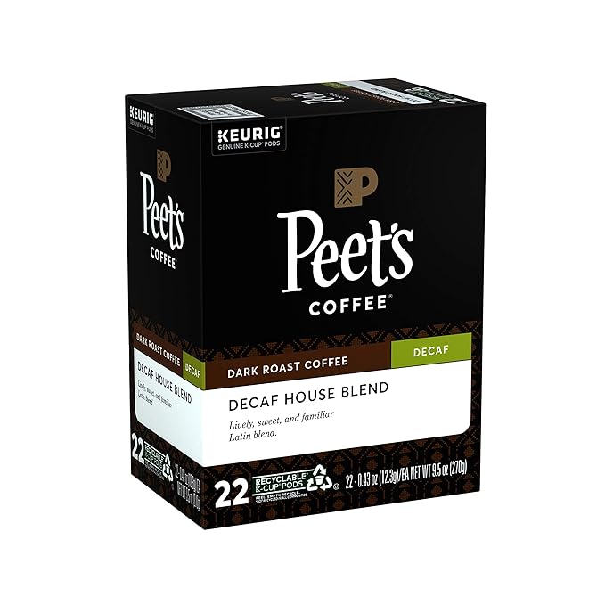 Peet’s Coffee Decaf House Blend K-Cup Coffee Pods for Keurig Brewers, Dark Roast, 22 Pods (Pack of 1, 22 Count Total)