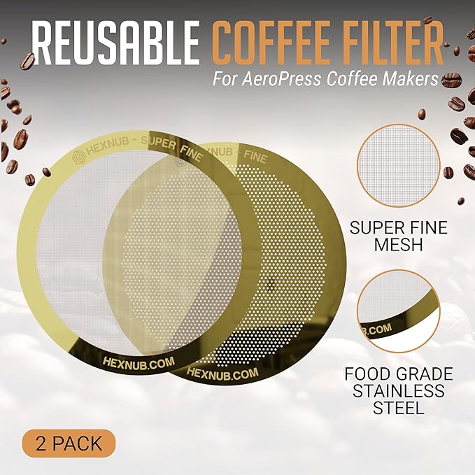 HEXNUB - Reusable Metal Filters for AeroPress Coffee Maker, Stainless Steel Filter Fits AeroPress Original & Go Cafe Press, Fuller Bodied Coffee Than Paper Filters - GOLD 2-PACK