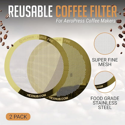 HEXNUB - Reusable Metal Filters for AeroPress Coffee Maker, Stainless Steel Filter Fits AeroPress Original & Go Cafe Press, Fuller Bodied Coffee Than Paper Filters - GOLD 2-PACK