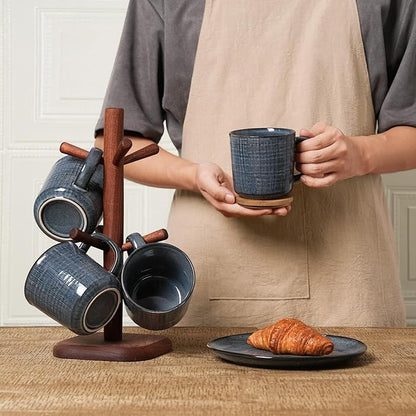 famiware Moonlight Coffee Mug Set of 4, 13oz Mug Set with Linen Finish, Coffee Cup Set with Handle for Latte, Cappuccino, Tea, Hot Cocoa, Microwave and Dishwasher Safe, Dark Blue