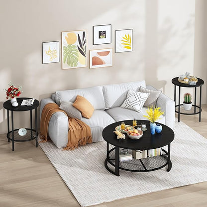 DKLGG 3 Pieces Black Coffee Tables for Living Room Table Sets, Round Wooden Coffee Table 3-Piece, Coffee and End Tables with Open Storage for Apartment Home Office, Small Spaces (Black)