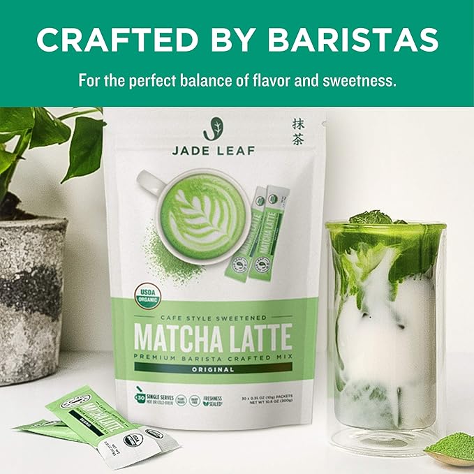 Jade Leaf Organic Matcha Latte Mix - Cafe Style Sweetened Blend - Sweet Matcha Green Tea Powder - 100ct Single Serve Stick Packs