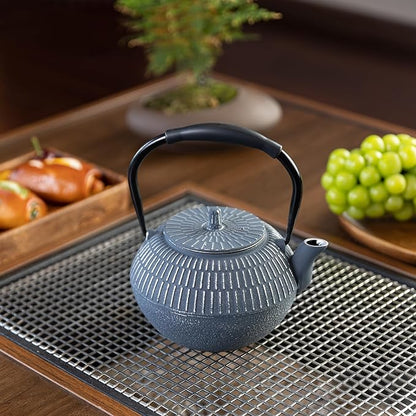 Cast iron Teapot, Tea Kettle for Stovetop Safe with Stainless Steel Infuser, Japanese Hand-made Line Pattern Tea Pot Coated with Enameled Interior for 42oz, 1200ml Dark Blue