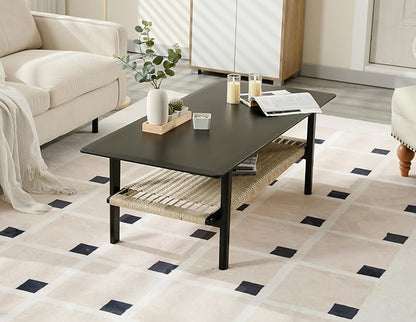 Black Coffee Table for Living Room Farmhouse Coffee Table with Natural Rattan Storage Shelf Large 2-Tier Rectangular Center Table for Living Room Reception