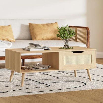 Oak Rattan Coffee Table, Mid Century Modern with Drawer & Shelf, 39'' Wooden Boho Coffee Table for Living Room