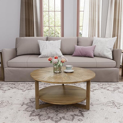 PADMA HOUSE 33.5" Round Wood Coffee Table, 2-Tier Solid Wood Rounded Circle Accent Coffee Table Center Cocktail Table Vintage Furniture for Home Living Room Bedroom,Yellowish Brown 3338