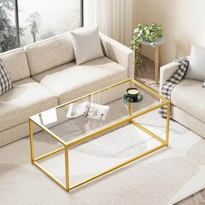 Glass Coffee Table for Living Room, Morden Center Table for Small Space,Simple Tea Cocktail Coffee Table with Clear Glass Top & Metal Frame, Easy Assembly,Gold