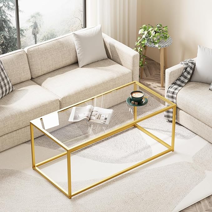 Glass Coffee Table for Living Room, Morden Center Table for Small Space,Simple Tea Cocktail Coffee Table with Clear Glass Top & Metal Frame, Easy Assembly,Gold